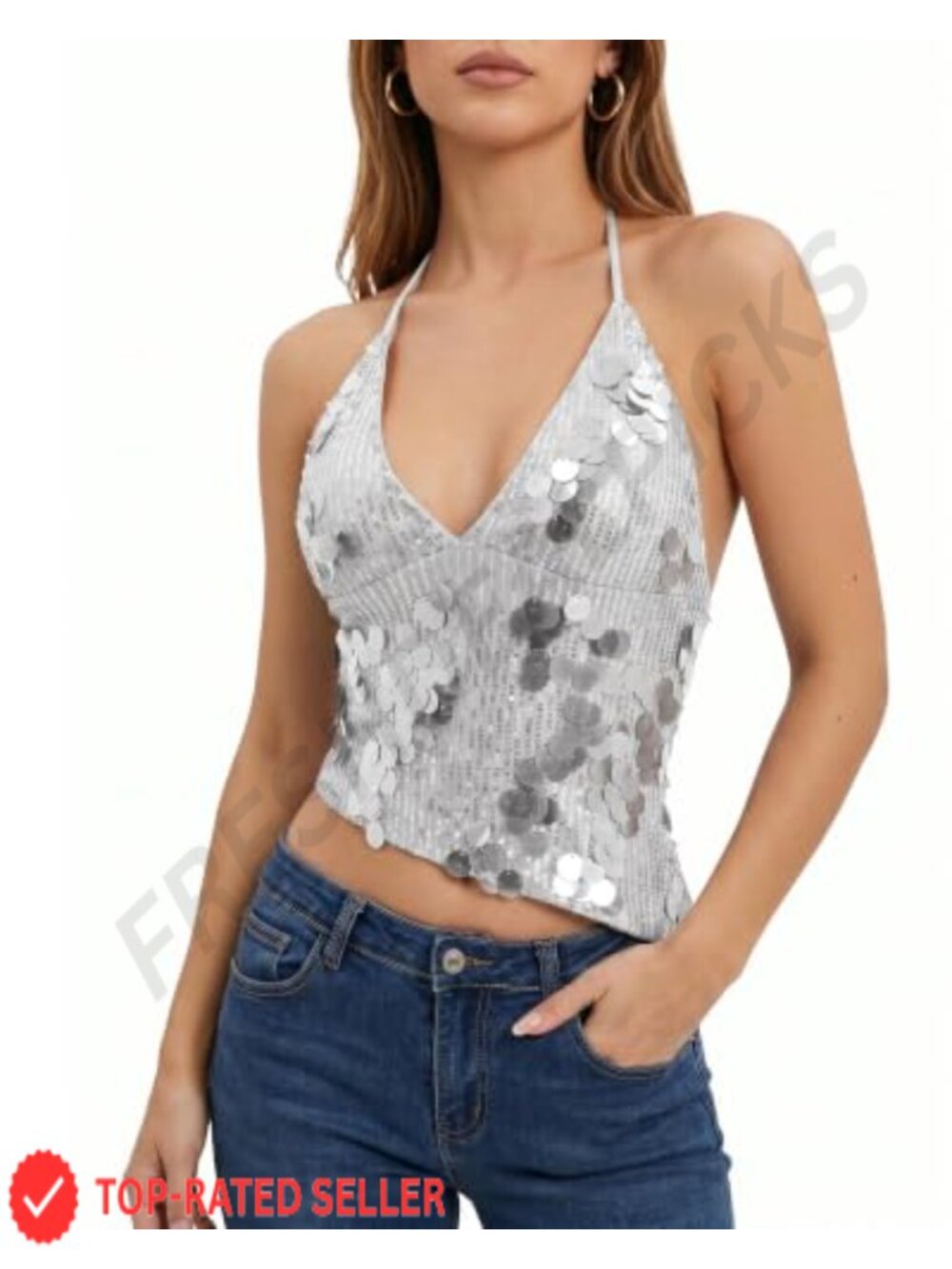 Sequin Halter Crop Top V-Neck Asymmetrical Backless Party Camisole